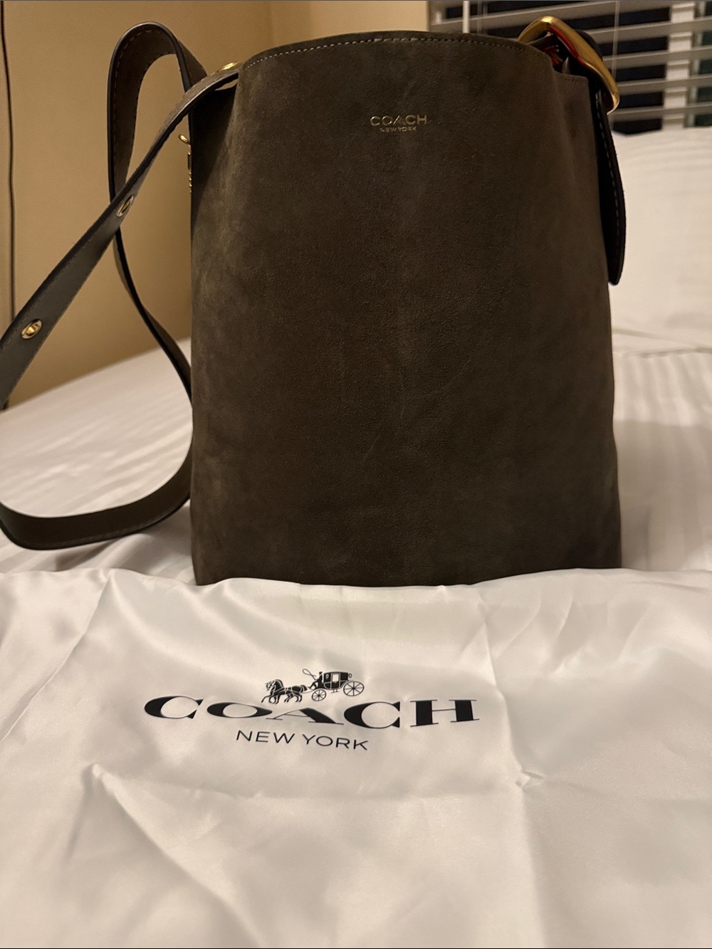 Coach Olive Brown Leather Bucket Messenger Bag with Gold-Tone Buckle